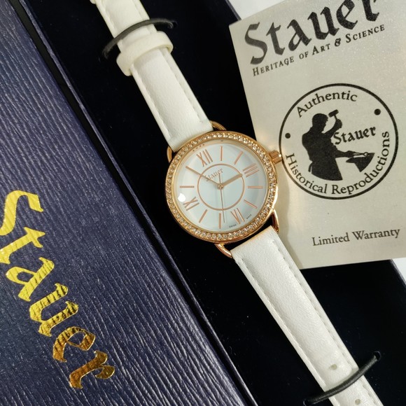Stauer Swiss Made Watch Jeweled Case White Face Roman Numerals White Strap - Picture 7 of 8